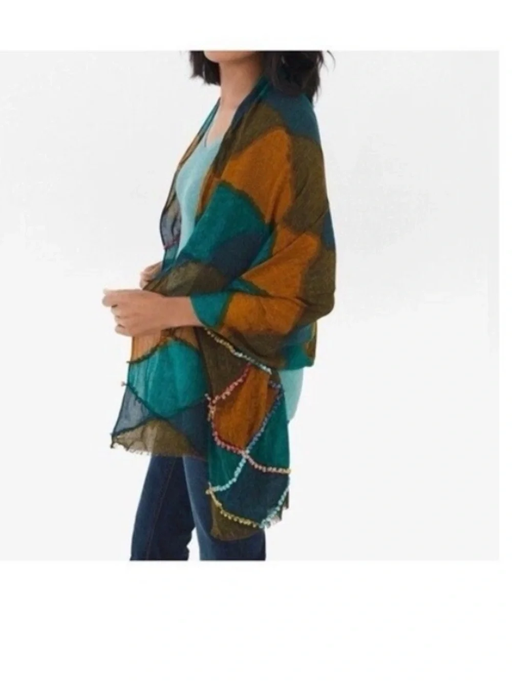 Chico’s Colorful Patchwork Pom Pom Rectangular Scarf boho Bohemian Lagenlook